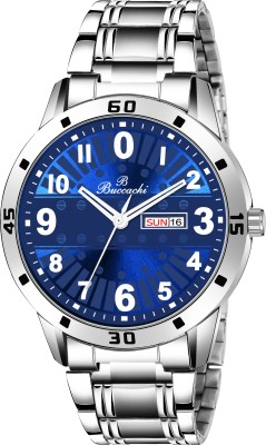 Buccachi Buccachi Blue Dial White numbering font Day & Date Functioning Water Resistant Silver color Stainless Steel Strap Bracelet Watch for Men/Boys Analog Watch  - For Men