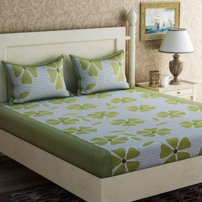 PRAZER 180 TC Cotton Double Printed Flat Bedsheet(Pack of 1, Green)