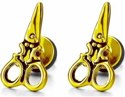 GadgetsDen 2Pcs Stainless Steel Gold Colour Funky Scissors Shape Ear Studs for Men/Women Earrings Metal Stud Earring