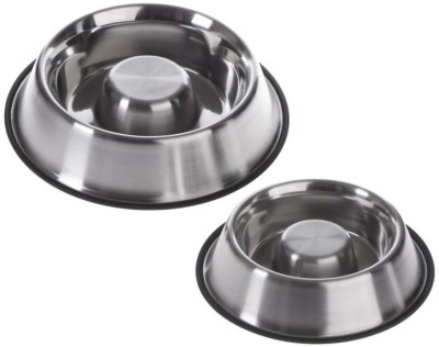 ELTON Slow Feed Stop Bloat Anti Choke Heavy Stainless Steel Dog Bowls with Silicon Bonded unbreakable Rubber Ring (Medium) Round Stainless Steel Pet Bowl(500 ml Silver)