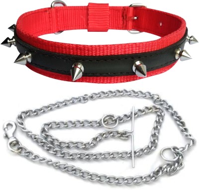 ADIOS Dog Belt Combo of Red Nylon Spike Collar with Dog Chain 1.5m Lengthy Dog Collar & Chain(Medium, Multi-Color)