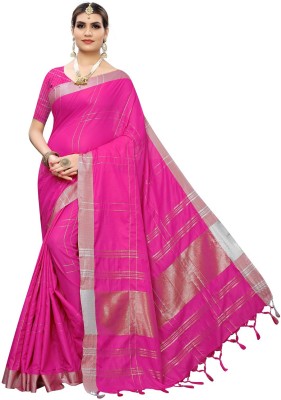 KV Fashion Striped Fashion Cotton Silk Saree(Pink)