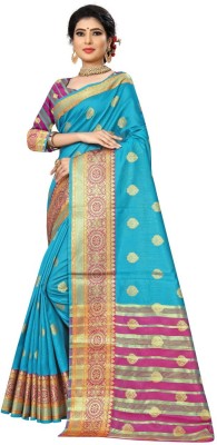 Kanooda Prints Woven Bollywood Cotton Silk Saree(Light Blue)