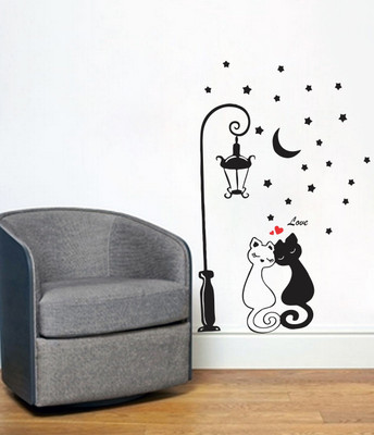 VCREATE DECOR 58 cm Cat Couple & Lamp Removable Sticker(Pack of 1)