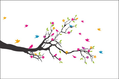 DivineDesigns 41 cm Colorful Leaves & Birds on a Branch Sticker ( Size :- 33 X 16 inch ) Self Adhesive Sticker(Pack of 1)