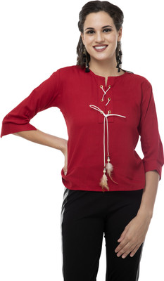 Girls Shopping Casual 3/4 Sleeve Solid Women Red Top