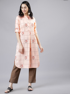 Vishudh Women Printed Flared Kurta(Pink)
