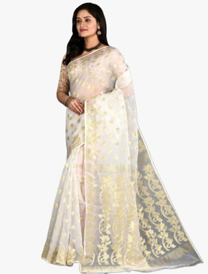 sourav biswas Self Design Handloom Viscose Rayon, Cotton Blend Saree(White)
