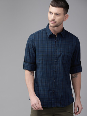 Roadster Men Checkered Casual Dark Blue Shirt