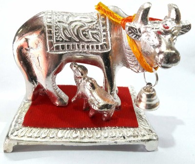 Divya Shakti Silver Metal Idol Of Wish Cow with Calf Kamdhenu Idol Statue Decorative Showpiece  -  7 cm(Silver, Silver)