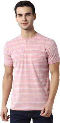 PETER ENGLAND Striped Men Henley Neck Pink T-Shirt