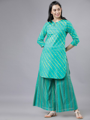Vishudh Women Striped Straight Kurta(Green)