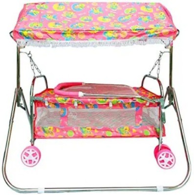 Smiley Bell Jhula Swing Cradle Bassinet Cot Steel for New Born Baby Sleeping Bed with Net Bassinet(Pink)