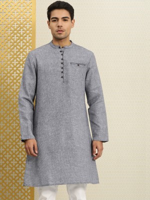 House of Pataudi Men Woven Design Straight Kurta(Dark Blue)