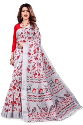 LUSHROYALE Printed Bollywood Cotton Blend Saree(White)