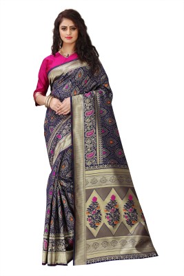 Om Shantam sarees Self Design, Woven, Floral Print Banarasi Jacquard, Art Silk Saree(Dark Blue)