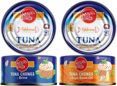 Golden Prize Tuna Chunk in Brine and Tuna Chunk In Soyabean Oil (2 x 185gms Each) Slices 370 g(Pack of 2)