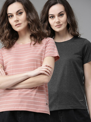 Roadster Printed Women Round Neck Grey, Pink T-Shirt