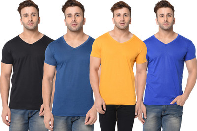 Jangoboy Solid Men V Neck Blue, Black, Yellow T-Shirt
