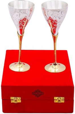 IndianArtVilla (Pack of 2) Siver Plated Engraved Goblet Flute Wine Glass with Red Box, Best for Parties, 100 ML Each, Set of 2 Glass Set Wine Glass(100 ml, Brass, Silver)
