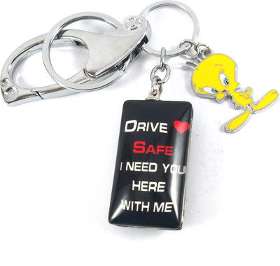 SHOKY LOOKS Drive Safe Both sides same with mini Yellow Tweety silver locking best quality Key Chain