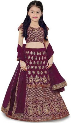 The Fashion Prime Girls Lehenga Choli Ethnic Wear Embroidered Lehenga, Choli and Dupatta Set(Purple, Pack of 1)