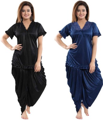 D-LIGHT Women Nighty Set(Black, Dark Blue)