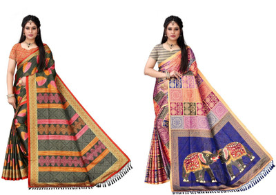 AVINASH Digital Print Kanjivaram Silk Blend Saree(Pack of 2, Multicolor)