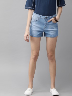 Roadster Solid Women Blue Denim Shorts