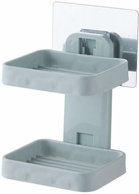 CPEX 2 Layer Plastic Soap Box Soap Holder with Strong Self Adhesive Magic Sticker(Grey)