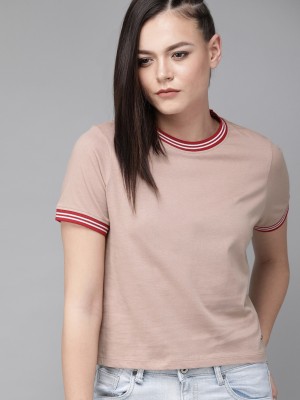 Roadster Solid Women Round Neck Pink T-Shirt