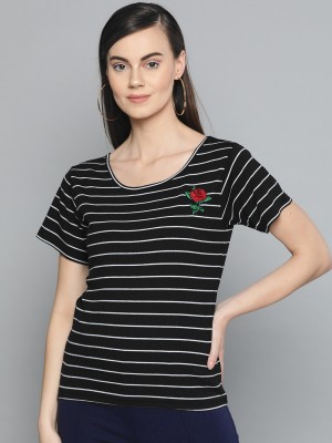 HARPA Casual Short Sleeve Striped Women Black Top