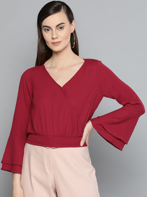 HARPA Casual Full Sleeve Solid Women Maroon Top