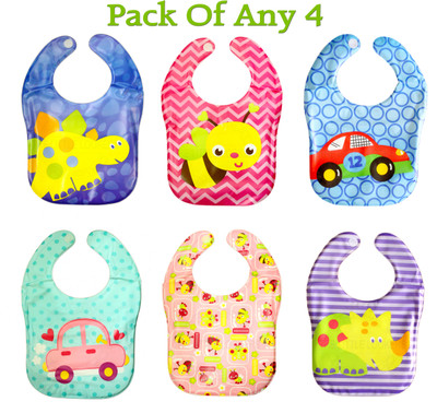The Little Lookers Plastic Waterproof Washable Stylish Printed Baby Bib Apron - Random Color | Pack of 4 Bibs(Multicolor)