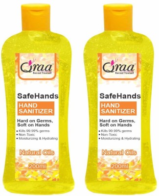 Qraa Safe Hands  for All Kind of Flu, Virus- Anti-Bacterial  with Neem & Aloe Vera Extracts Combo Pack Hand Sanitizer Bottle (2 x 200 ml)