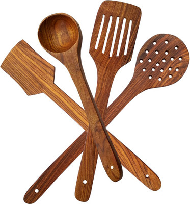 SRE Premium Non Chemical Wooden Spatula Non Stick Cooking Spoons Set of 4 Kitchen Tool Set(Brown, Spatula, Ladle, Cooking Spoon)