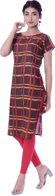 aruati Women Checkered Straight Kurta(Brown)