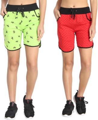 DIAZ Printed Women Red, Light Green Sports Shorts