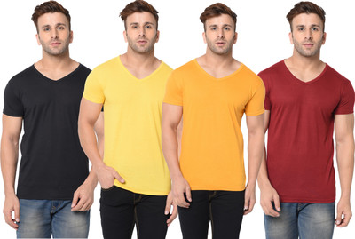 Adorbs Solid Men V Neck Maroon, Black, Yellow T-Shirt