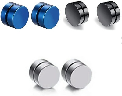 Crazy Fashion Combo of 1 Pair of 3 Color(Black+Blue+Silver) each Magnetic Earing 8MM Stud Earrings (6Pcs) for Mens/Boys/Girls/Women/Unisex Metal Stud Earring