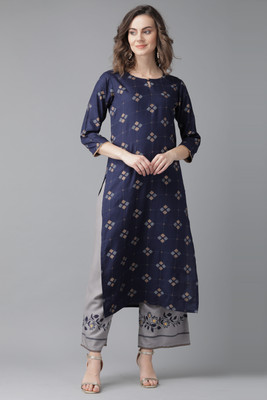 Indo Era Women Printed Straight Kurta(Dark Blue)