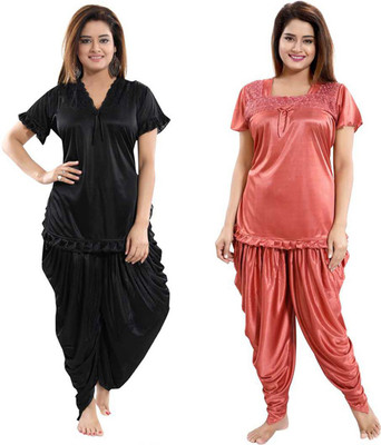 Classic Art Women Solid Black, Brown Top & Pyjama Set