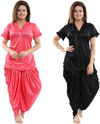 D-LIGHT Women Nighty Set(Black, Pink)
