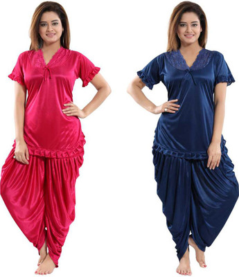 D-LIGHT Women Solid Pink, Dark Blue Top & Pyjama Set