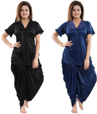 Classic Art Women Self Design Black, Dark Blue Top & Pyjama Set