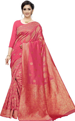 Leeza Store Woven Banarasi Silk Blend, Jacquard Saree(Pink)