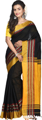Mystory Printed Handloom Handloom Cotton Silk Saree(Black, Yellow)