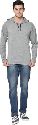 3SIX5 Solid Men Hooded Neck Silver T-Shirt
