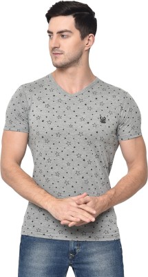 3SIX5 Printed Men V Neck Grey T-Shirt