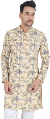 aruati Men Geometric Print A-line Kurta(Beige)